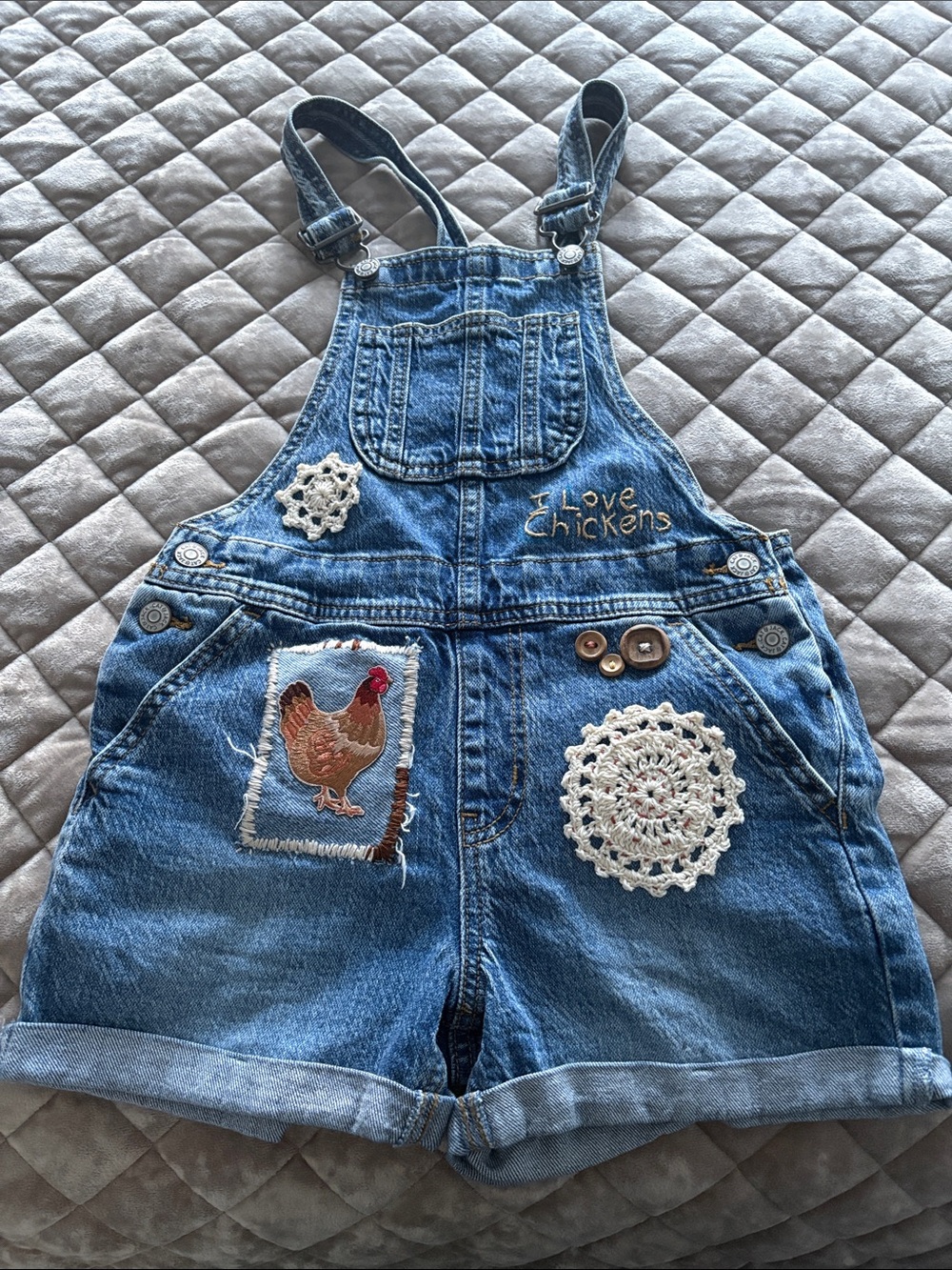 Cat & Jack Blue Denim Chicken Patch Short Overalls